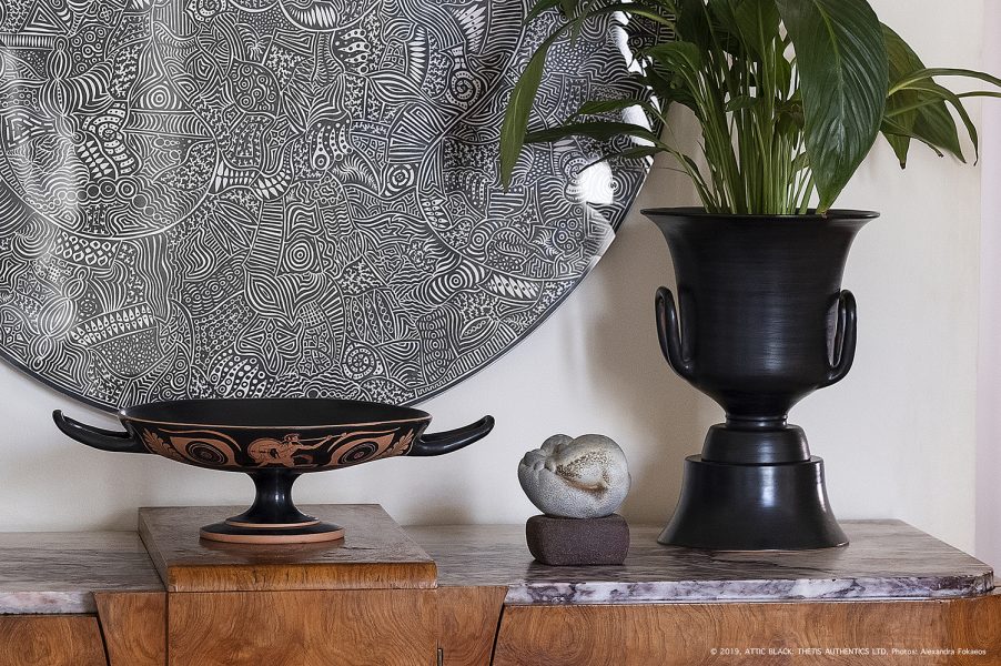 Contemporary ATTIC BLACK vases meet Greek Art Deco by Varangis Red figure kylix and a black glazed calyx crater