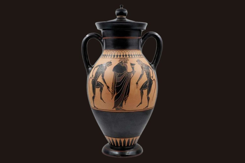 Black-figure amphora Greek vase with lid featuring Dionysus and satyrs, representing ancient Greek ceramic art.