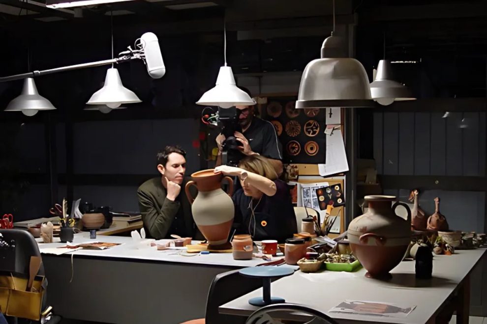 Craftspeople working on an amphora Greek vase in a traditional pottery workshop, captured during a behind-the-scenes moment for a cultural documentary.