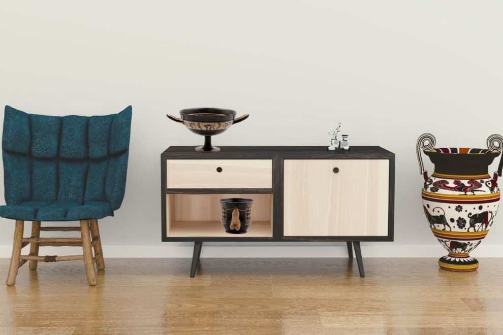 Interior display featuring Homoerotic Greek Pottery replicas, blending classical motifs with modern home decor.