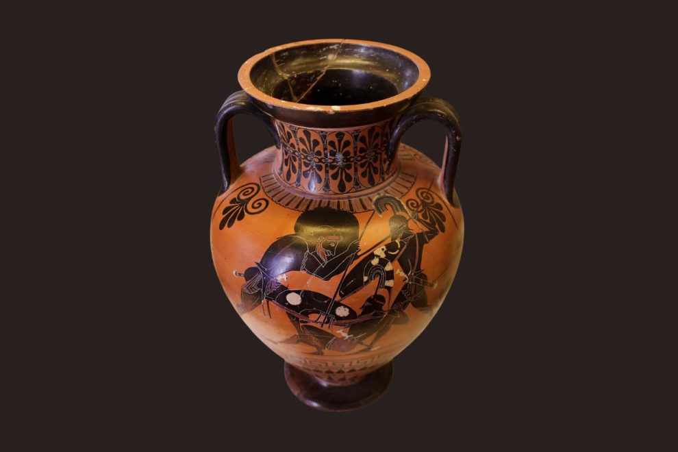 Ancient Greek Attic black figure vase showing mythological warriors, example of black-figure pottery.