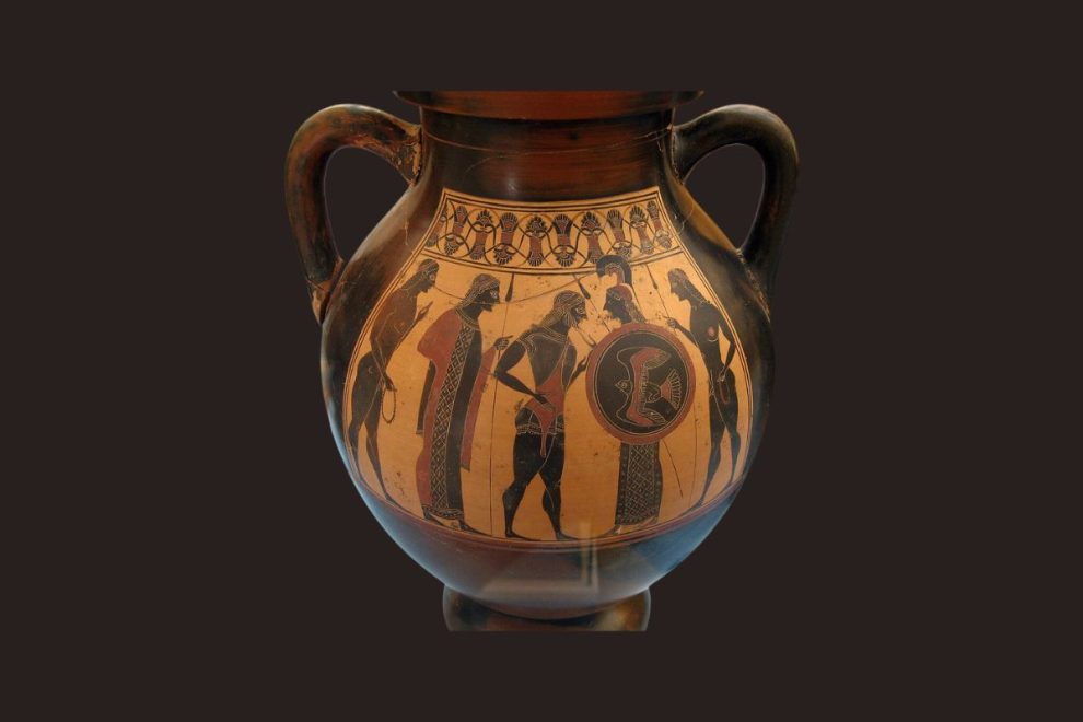 Athenian black-figure amphora attributed to the Amasis Painter. Side B: Athena and a bearded man wearing a fawn skin, flanked by youths.
