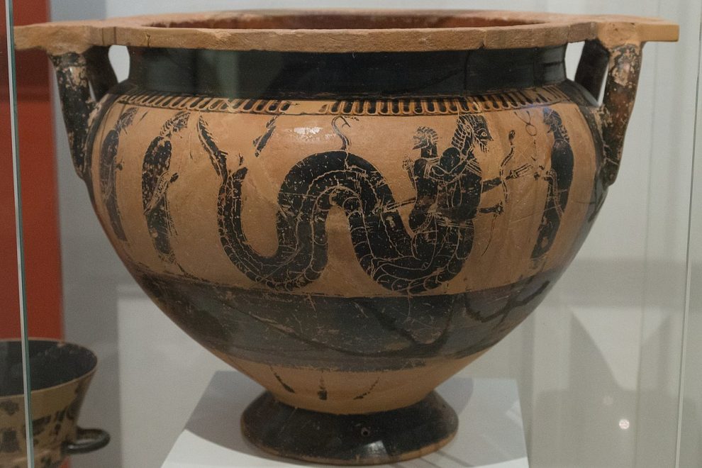 Column krater. A. Heracles wrestling with Nereus, two men and Hermes. By Sophilos, about 590 BC. National Archaeological Museum of Athens, no. 12587