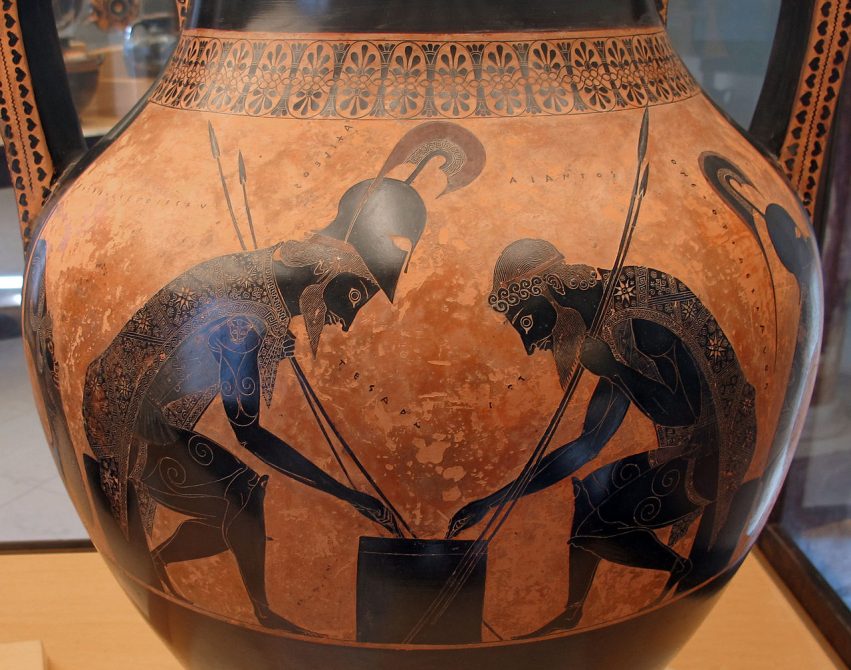 Attic black figure vase by Exekias showing Achilles and Ajax playing a board game, a famous example of ancient Greek pottery.