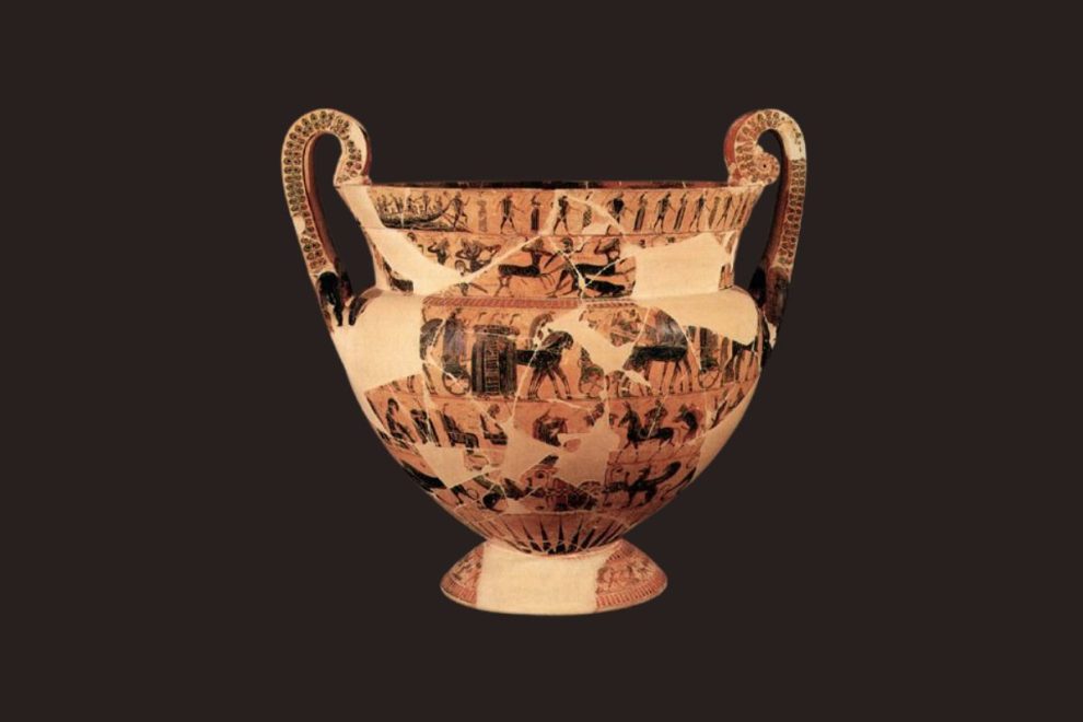 Attic Black-Figure Volute-Krater, known as the Francois vase, ca. 570-565 BCE signed by the potter Ergotimos and the painter Kleitias. This cc3.0 image was uploaded from Ancient History Encyclopedia, and has a detailed description at http://www.ancient.eu/Francois_Vase/