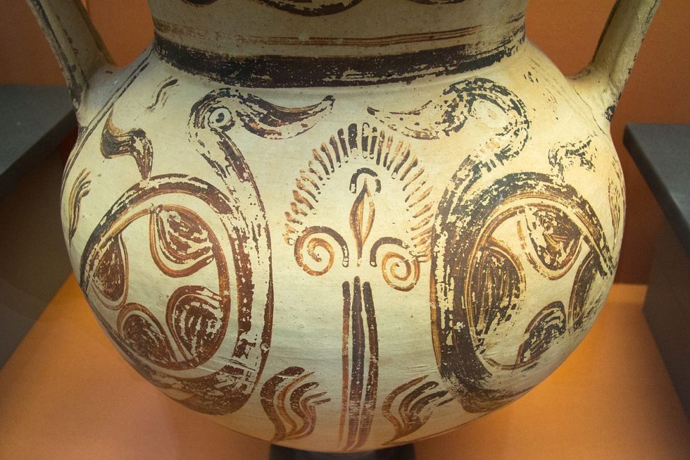  Minoan large pottery vase decorated with two ducks flanking a flower, 1300-1200 BC (LM IIIb). Found at Encomi, Cyprus. British Museum, GR 1897.4-1.964. BM Cat Vases C390