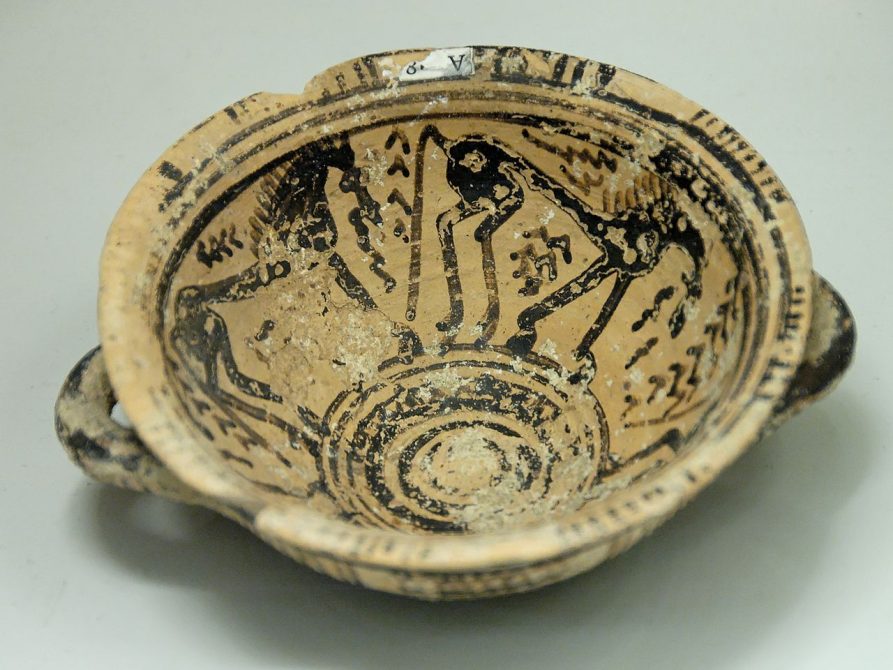 Protoattic skyphos with frieze of horses (interior) and geometric patterns (outside). Terracotta, 700 BC. From Phaleron, near Athens.