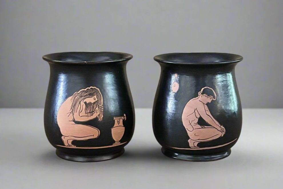 Attic red figure vase painters artwork showing daily life in ancient Greece.