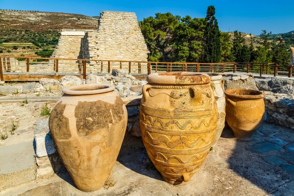 Ancient Minoan pottery jars at the archaeological site of Knossos in Crete