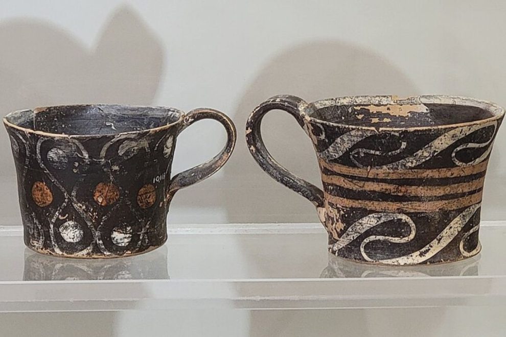 Minoan pottery cups (Kamares Ware, 1800-1700 BC) from the Heraklion Archaeological Museum in Crete
