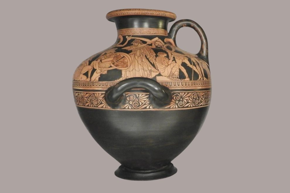 Ancient Greek hydria depicting the Sack of Troy in detailed red-figure style artwork.