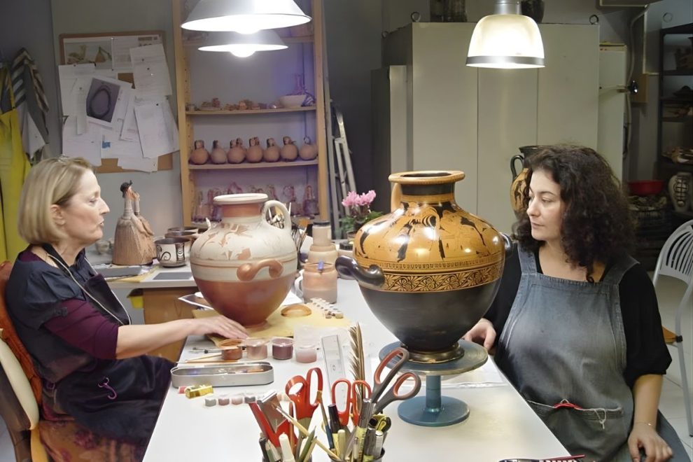 Two artists in a pottery workshop restoring and painting ancient Greek hydria vessels with traditional black-figure techniques.