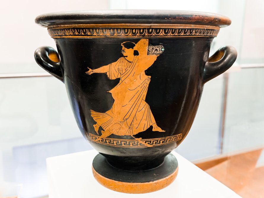 Attic red-figure bell krater attributed to the Achilles painter (c. 450 BC): Nike with torch chasing a deer; fleeing woman on reverse.
