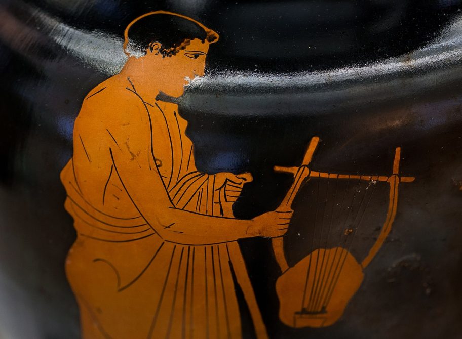 Attic red-figure Nolan neck-amphora attributed to the Achilles painter (ca. 450–435 BC), youth offering a lyra to a boy; bearded man with staff, Staatliche Antikensammlungen Munich (2329). 