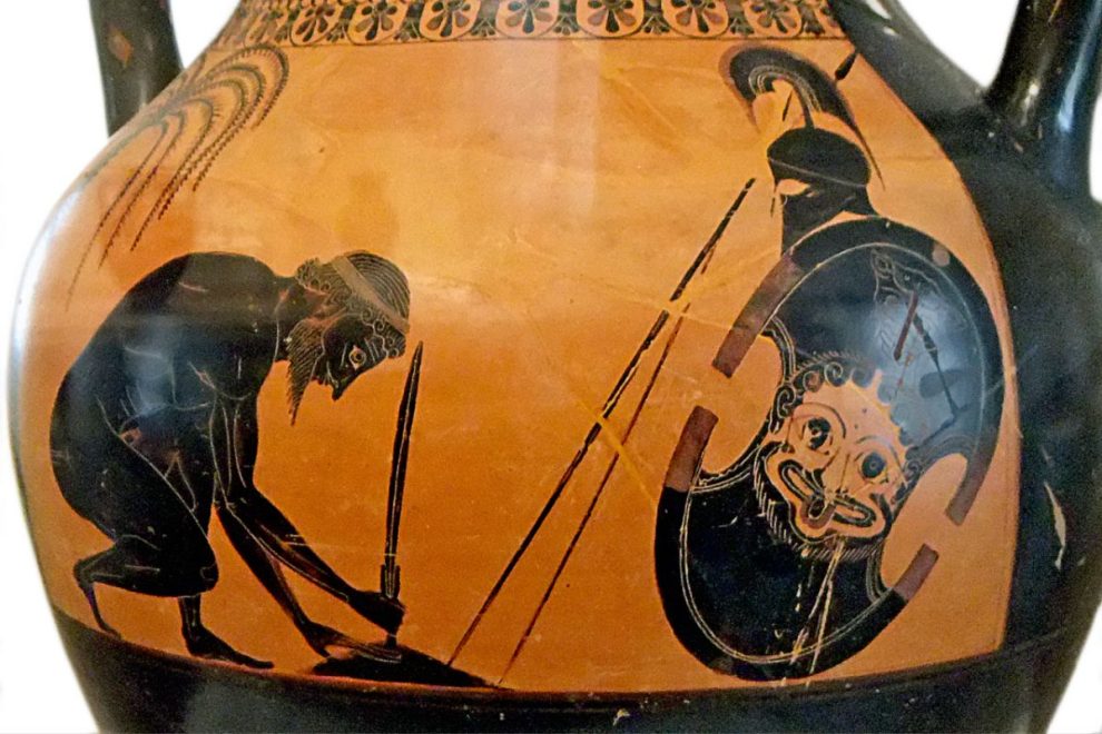 Attic Black-Figure Amphora, ca. 530 BCE, depicting the Suicide of Telamonian AiasAjax