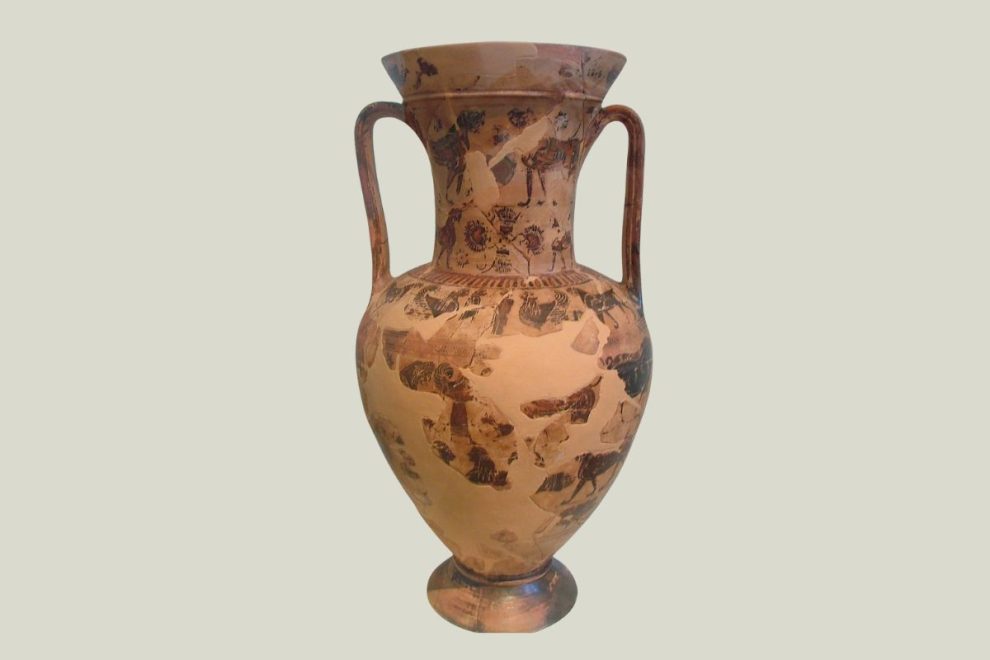 Attic black-figure amphora. Late work of the vase-painter Sophilos, ca. 580 B.C. On the neck Hermes, between Sphinxes. On the body zones decorated with winged Artemis, animals, florals, sphinxes, geese. Found at Marathon, in the tumulus of the Athenians (490 B.C.)