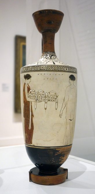 Athenian white-ground lekythos attributed to the Achilles painter (mid-5th century BCE), funerary scene with two women at a tomb, Worcester Art Museum (1900.65).