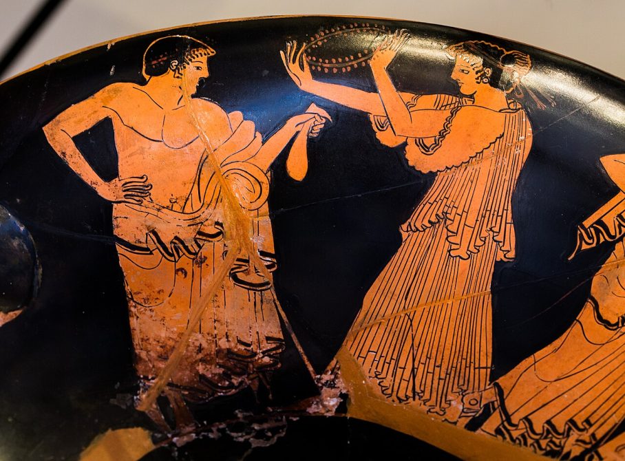 Attic red-figure kylix attributed to the Makron vase painter showing a hetaira embracing a youth. 