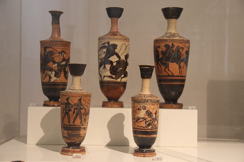 Ancient Greek pottery lekythoi at the National Archaeological Museum of Athens