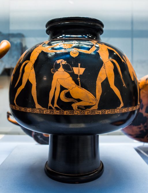 Douris red-figure psykter with satyrs revel scene, ancient Greek wine-cooling vase, ca. 490–480 BC (British Museum).