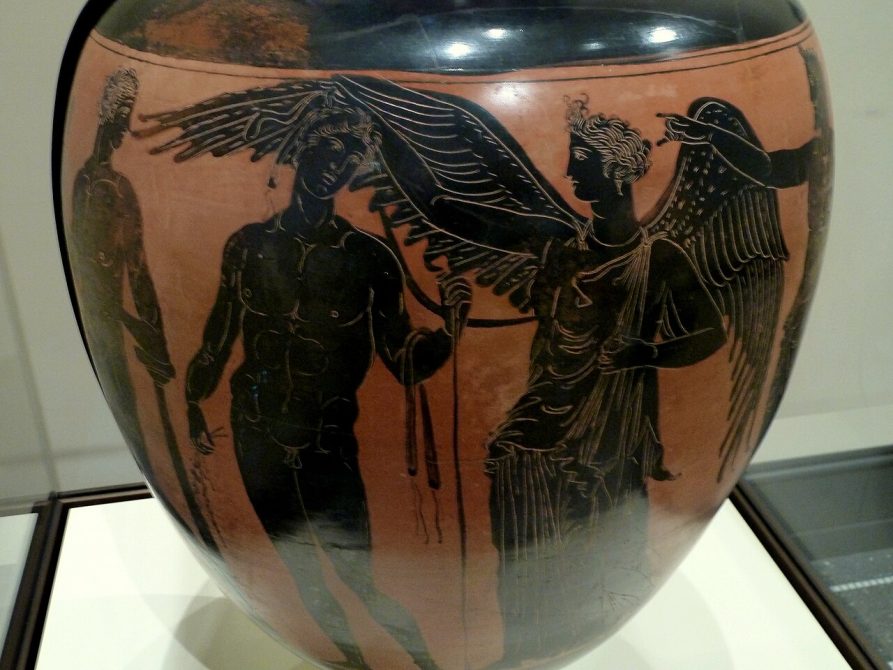 Panathenaic prize amphora with athlete and Nike (Getty Villa 93.AE.55), Athens, 363–362 BC.