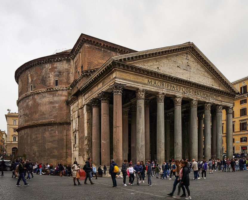 Pantheon Rome exterior front and right side view with portico and Corinthian columns