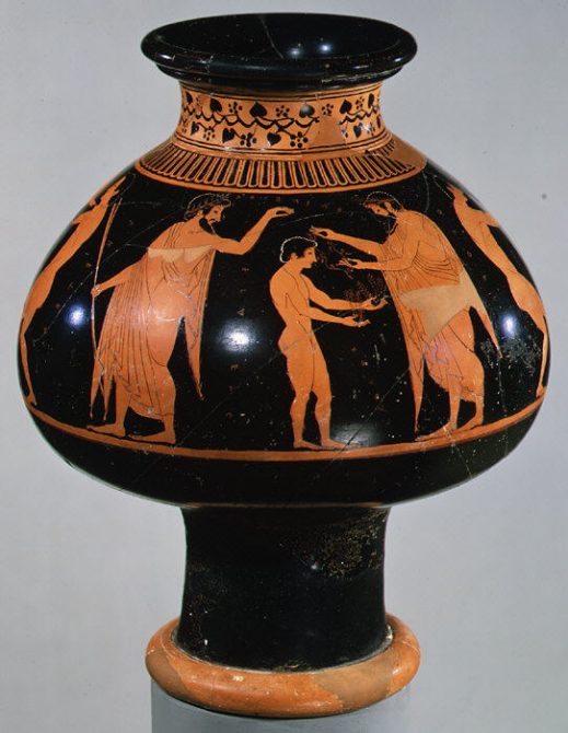 Terracotta psykter (ancient Greek wine-cooling vase) attributed to Oltos, Attic, ca. 520–510 BCE, Metropolitan Museum of Art.