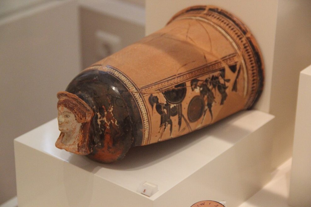 Ancient Greek black-figure pottery vessels in the Ancient Greek Vase Gallery at the National Archaeological Museum of Greece, Athens.