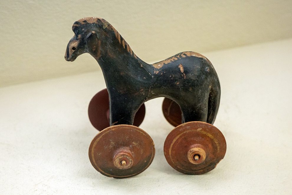 Ancient Greek terracotta horse on wheels (child’s toy), Kerameikos Archaeological Museum Athens, 950–900 BC