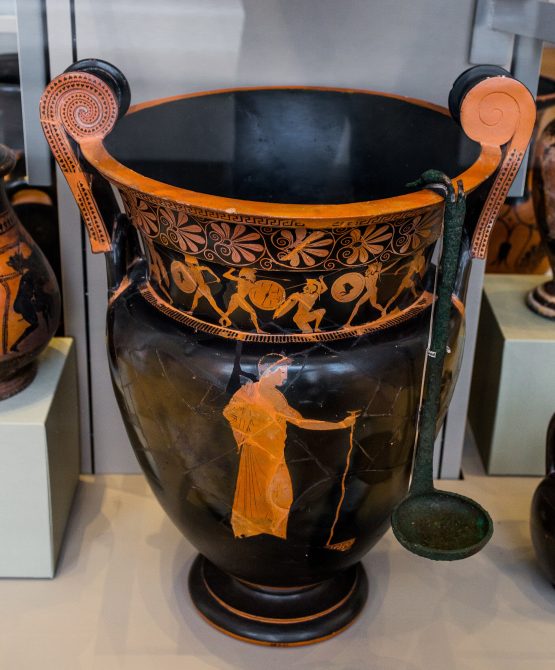 Attic red-figure volute-krater by the Berlin Painter with komast holding kantharos and barbitos, Fitzwilliam Museum Cambridge.