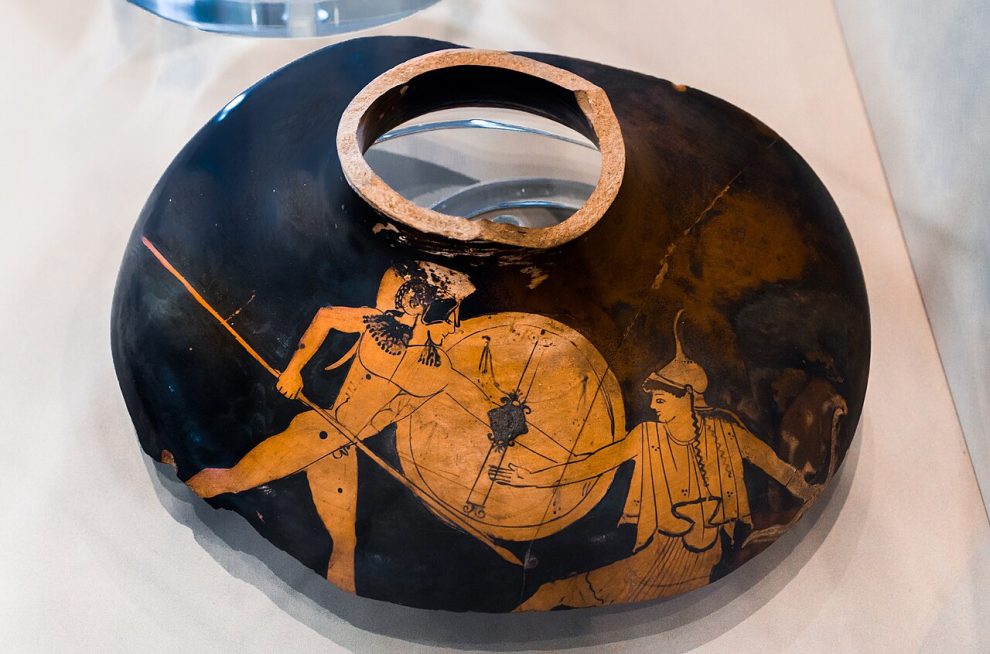 Attic red-figure kalpis fragment showing Achilles killing Penthesilea, imitator of the Berlin Painter (ca. 490 BC).