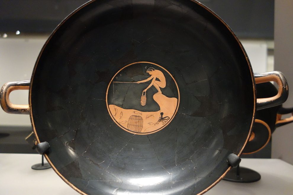 Ancient Greek ceramic vessel on display in the Museum of Fine Arts Boston Ancient Collection