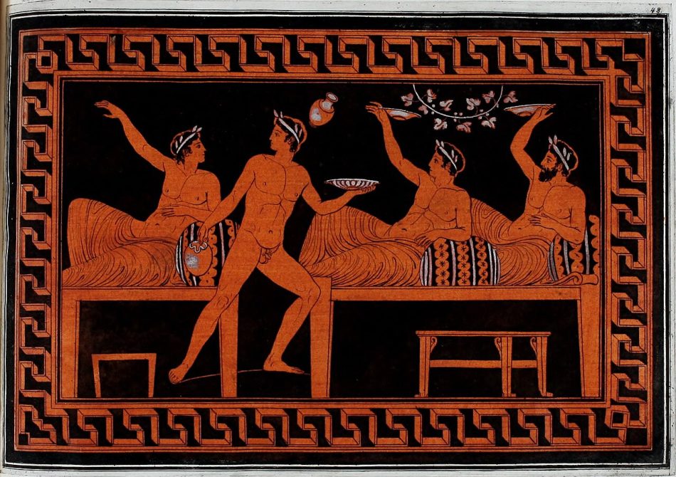 1766 illustration of ancient Greek symposium pottery from William Hamilton’s collection, showing a kottabos or symposium scene.