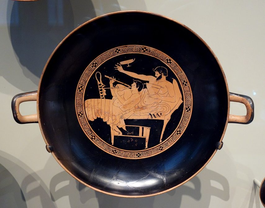 Attic red-figure kylix with an ancient Greek symposium scene, attributed to the Foundry Painter, circa 480 BC, Museum of Fine Arts Boston.