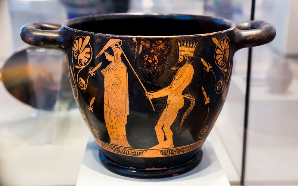 Attic red-figure skyphos by the Penelope Painter showing scenes from the Anthesteria festival in ancient Athens