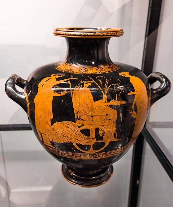 Attic red-figure hydria showing Triptolemos with Persephone and Demeter