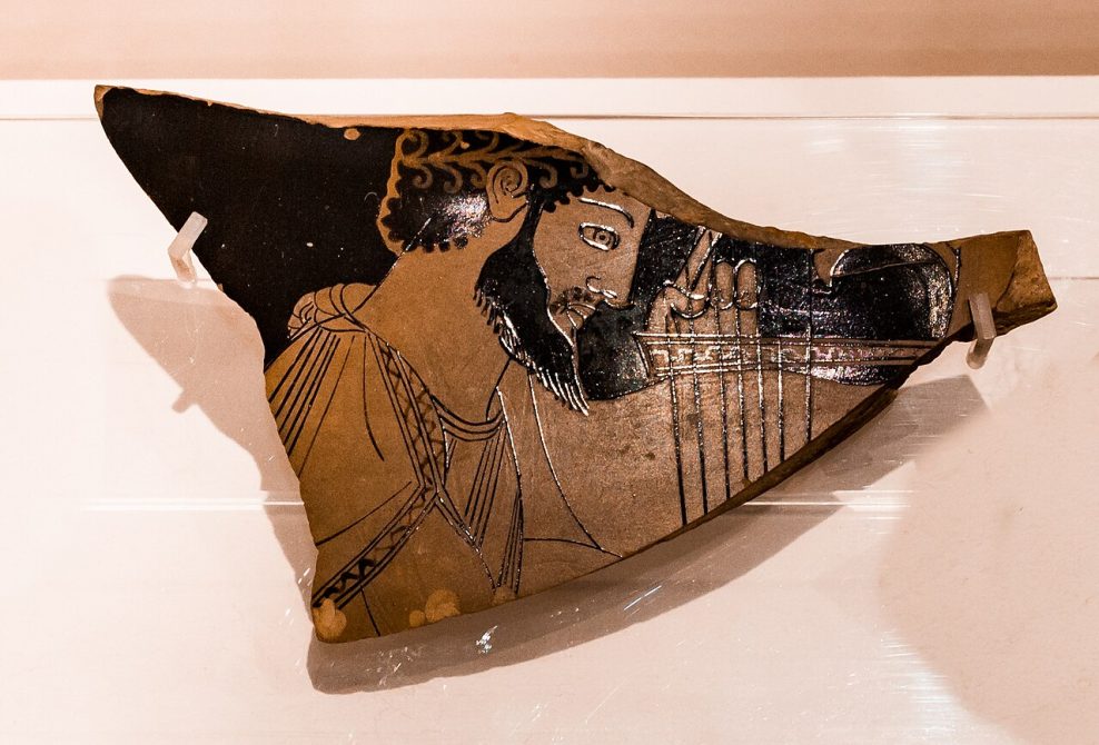 Attic red-figure vase fragment by the Kleophrades Painter showing a kithara player