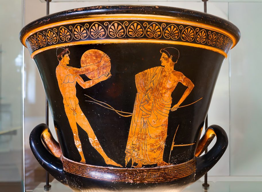 Attic red-figure calyx krater by the Kleophrades Painter showing athletes and trainers