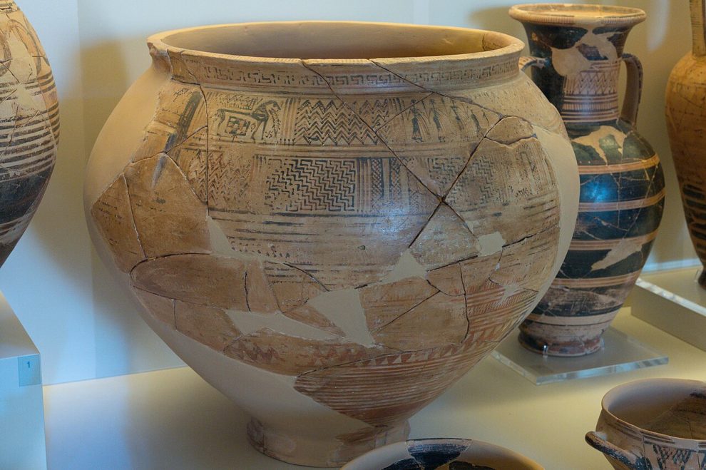 Geometric-period krater decorated with horses and women at the Archaeological Museum of Nafplio