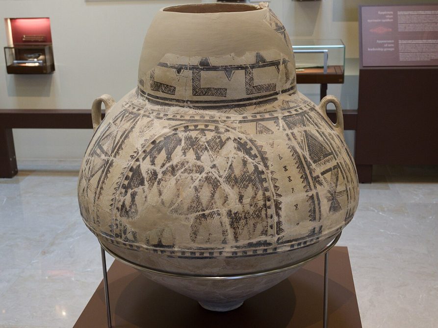 Middle Helladic pithos with painted geometric decoration at the Archaeological Museum of Thebes
