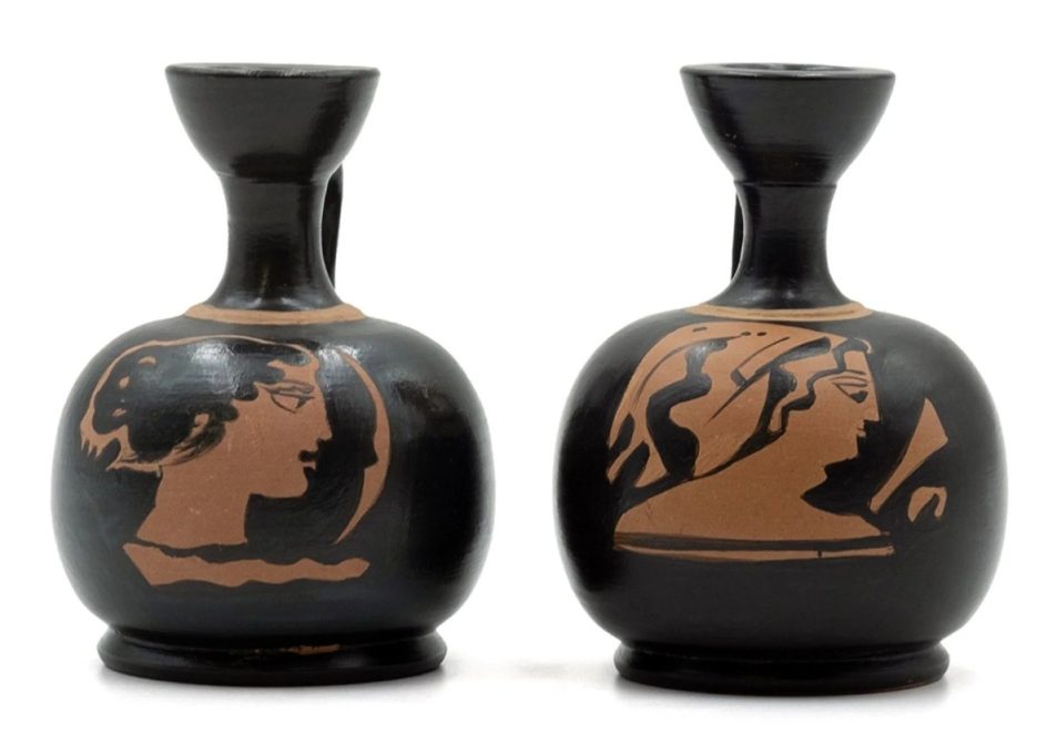 Ancient Greek squat lekythos with red-figure portrait decoration.