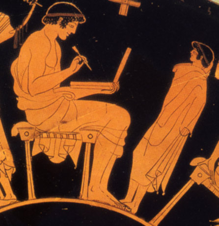 Ancient Greek man holding a wax tablet in a vase painting by Douris, c. 500 BC