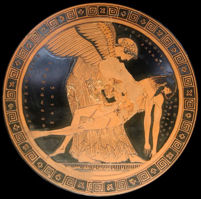 Eos carrying the body of Memnon on an Attic red-figure cup by Douris, c. 490–480 BC