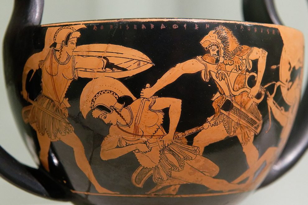 Attic red-figure kantharos by Douris showing Herakles fighting the Amazons, c. 490–480 BC